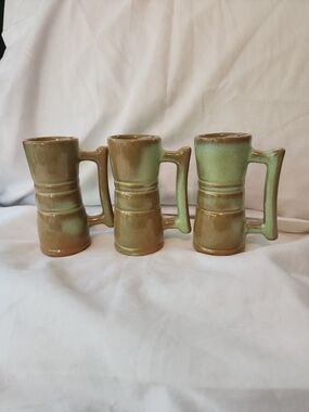 Vtg Frankoma Pottery Demitasse Espresso Coffee Mugs x 3 Prairie Green Cups 26DC